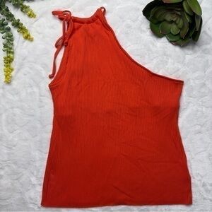 The Range Alloy Rib One Shoulder Tank With Built-In Bra in Fuego Red Orange Med